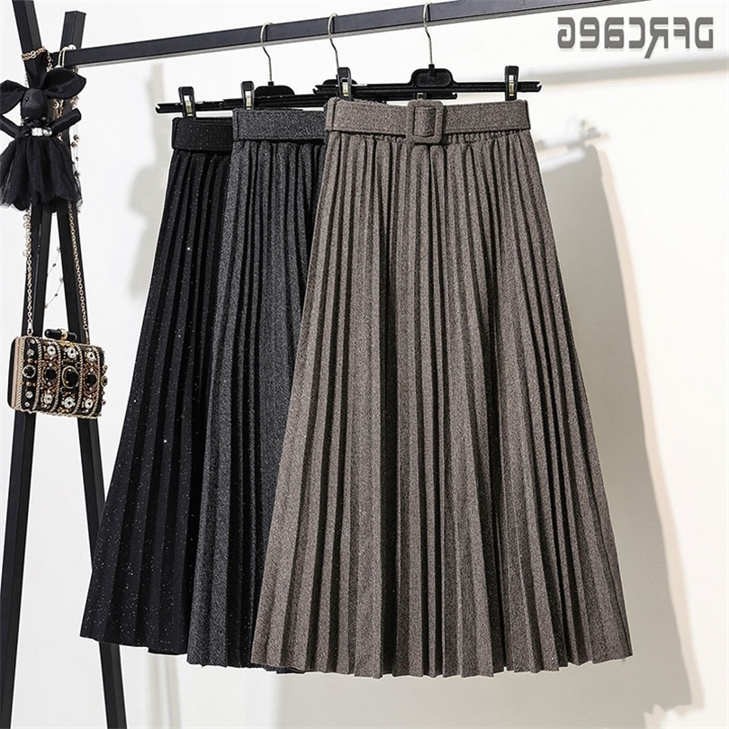 New Autumn Elastic Waist Women Long Skirt With Belt Winter Black ALine Female Skirt Solid Pleated Skirt Korea Style Femme T200324