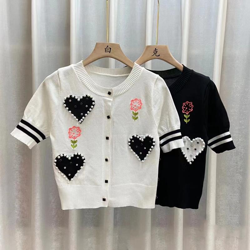Women's Knits & Tees Summer Knitted Tshirt Women Cardigan Crop Top Short-sleeved O-Neck Beaded Love Flower Striped Knitwear Woman SweatersWo, White
Women's Knits & Tees Summer Knitted Tshirt Women Cardigan Crop Top Short-sleeved O-Neck Beaded Love Flower Striped Knitwear Woman SweatersWo, White