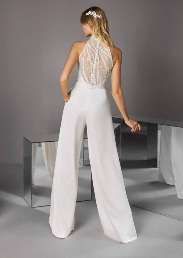 Beach Wedding Jumpsuit dress Tulle Illusion Lace High Neck Skew Collar Backless Fashion Office Lady Straight Pants Romper