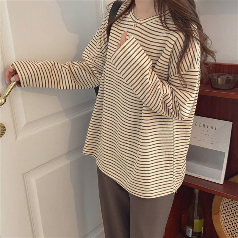 Alien Kitty Coffee Stripes Cotton T-Shirts Women Loose-Fitting Autumn Sale Lady Casual Full Sleeve Chic All Match Tops 220321