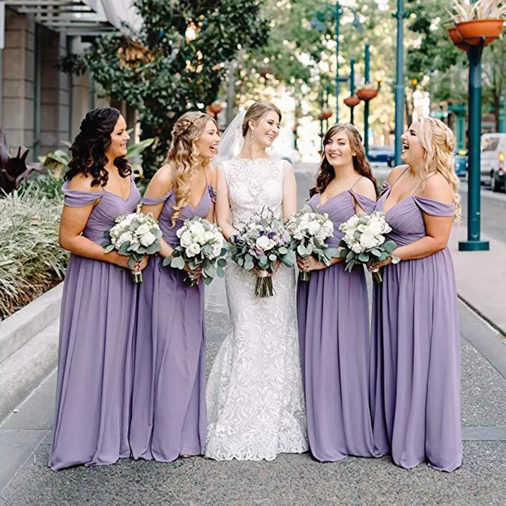 Lilac Chiffon Bridesmaid Dresses Spaghetti Straps African Floor Length Off The Shoulder Pleats Custom Made Plus Size Maid Of Honor Gown Vestidos Beach