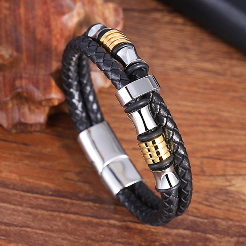 Handmade Stainless Steel Charm Bracelet Double Layer Genuine Leather Bracelets