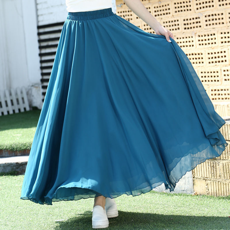 Spring Skirt 3 Layer Chiffon Long Skirts For Women Elegant Casual High Waist Boho Beach Maxi Saias Femme 80/90/100cm 220322