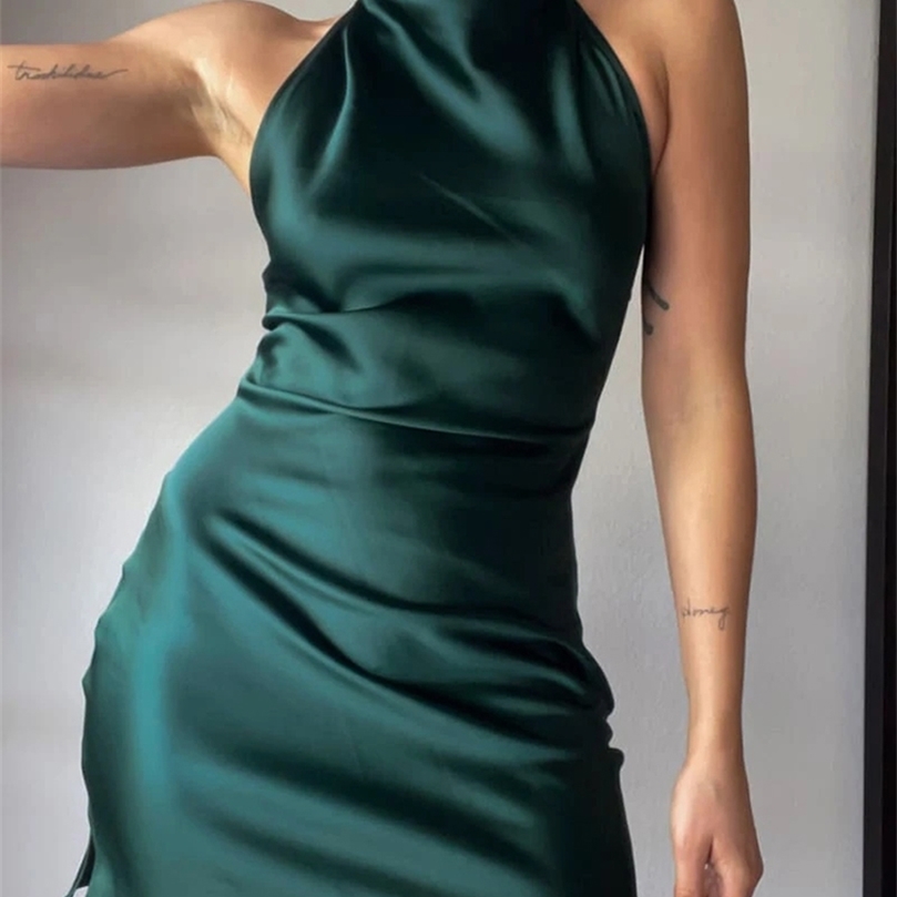 OOTN Sexy Backless Halter Dresses Satin French Style High Waist Prom Split Women Dress Silk Mini Party Bodycon Dress Summer 220511