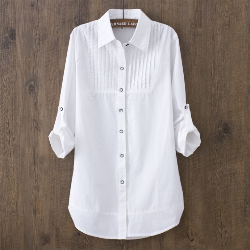 100% Cotton Spring Summer Women White Blouse Longsleeved Slim Cotton Casual Work White Shirts Office Lady Button Tops 022 T200320
