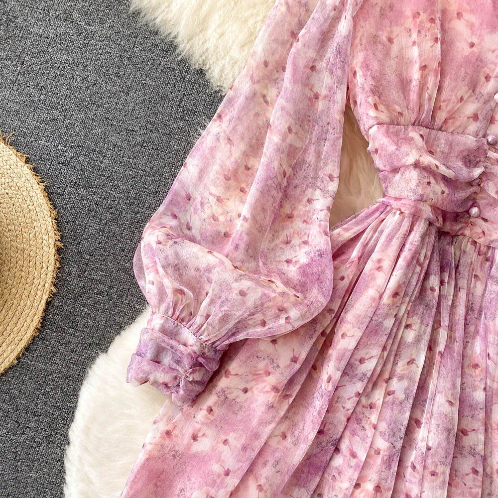 Style French Retro Super Fairy Chiffon Floral Dress With Waist And Thin Temperament V-neck Puff Sleeve Printed Dress 2022