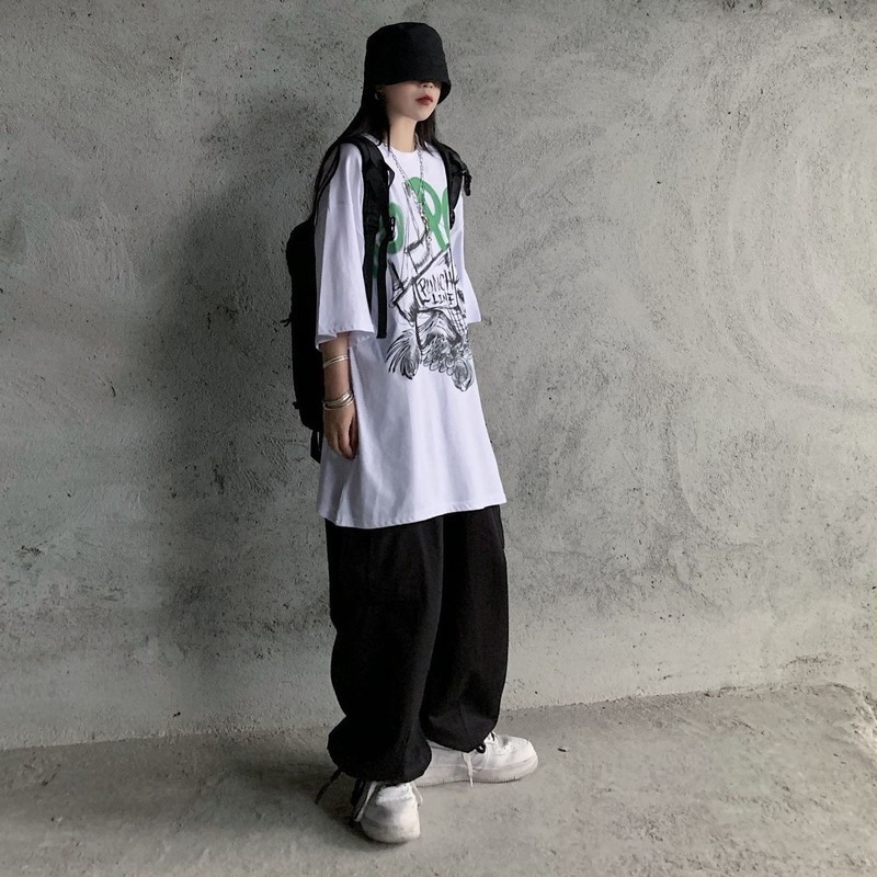 QWEEK Harajuku White Cargo Pants Women Vintage HIgh Waist Hip Hop Streetwear Pockets Straight Joker Black Trousers For Female