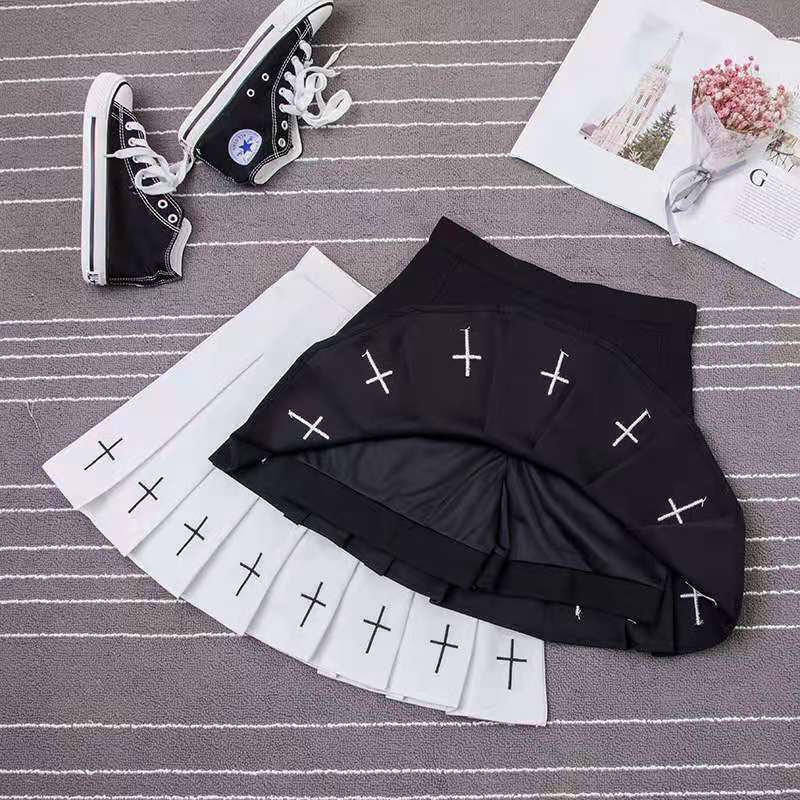 High Waist Mini Black Skirts Gothic Streetwear Cross Print Pleated Women Casual College Lolita Harajuku Skirt 220317