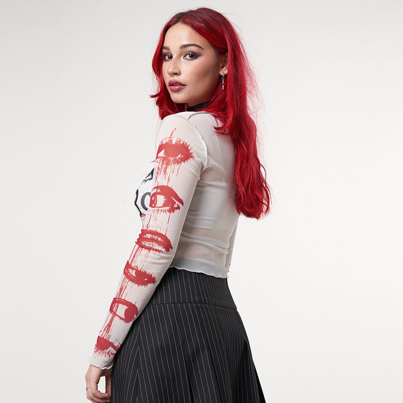 Y2KGIRL Unique Pattern Woman T-shirt Asymmetric Color Long Sleeve Slim Crop Tops Fashion Pullover Mesh See Through Streetwear 220516