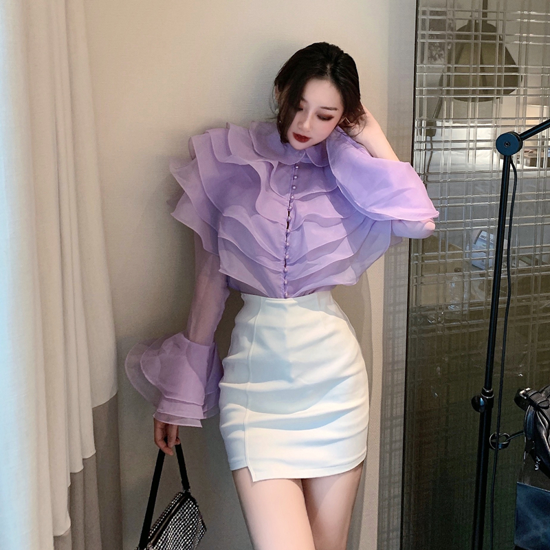 France Autumn Women's Layer Ruffles Solid Top Fashion Female Flare Sleeve Patchwork Elegant Perspective Chic Blouses Shirts 220516