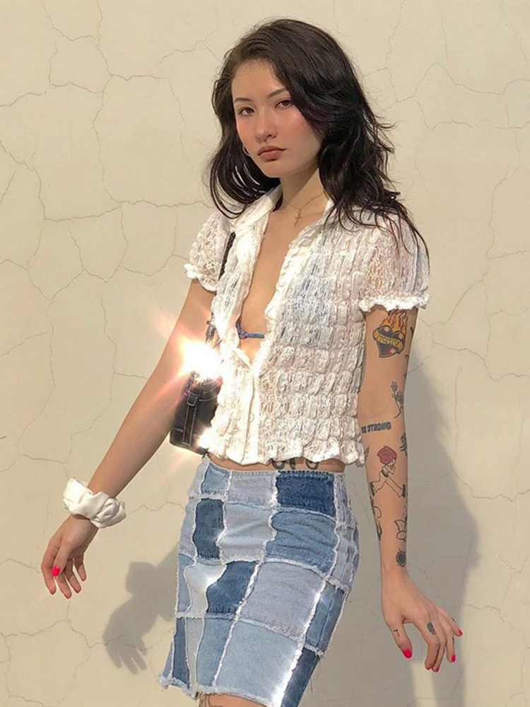 Top Women White Shirt Ruffle Lace See Through Blouses Turn Down Collar Shirts Short Sleeve Tees Street Clothing 220328