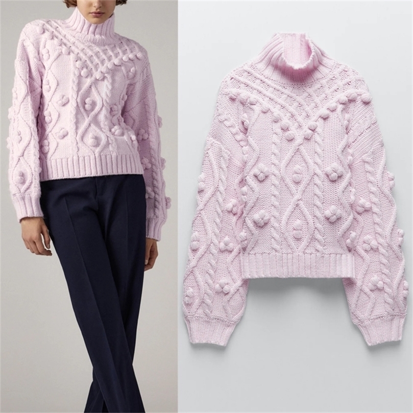 Fall Za Pink Knitted Woman Sweaters With Pompoms Turtleneck Oversized Cropped Sweater Women Long Sleeve Ribbed Trim Pullover 201223