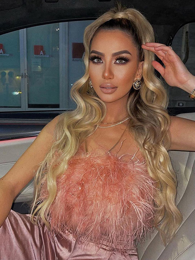 Sexy Furry Crop Top Camis Women Ostrich Feather Tank Tunic Vest Sleeveless Bra Night Club Party Female Tube Cropped Tops 220316