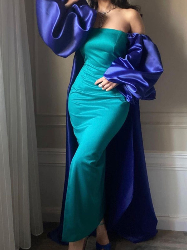 Elegant Hunter Sheath Prom Dresses With Royal Blue Wrap Cap Side Split Strapless Off Shoulder Long Sleeve Formal Evening Gowns Color Match Satin Party