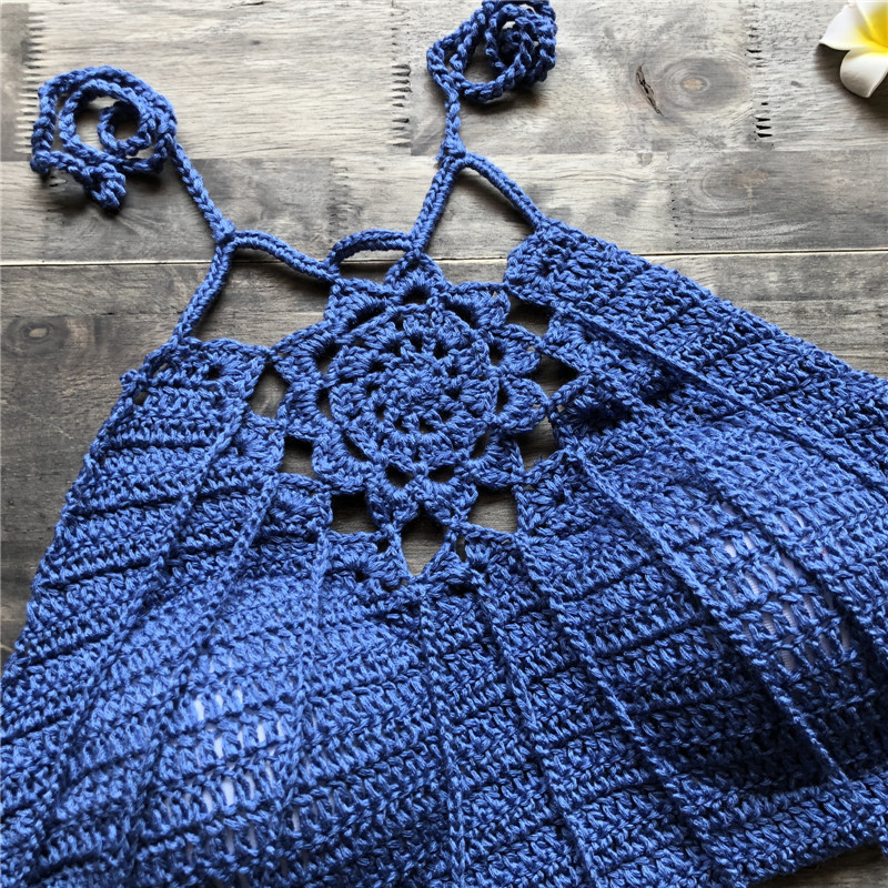 Tassel Crochet Knitted Halter Slim Bikini Tops Swimsuit Bohemia Swimwear Sexy Handmade Cotton Cover Top 220611