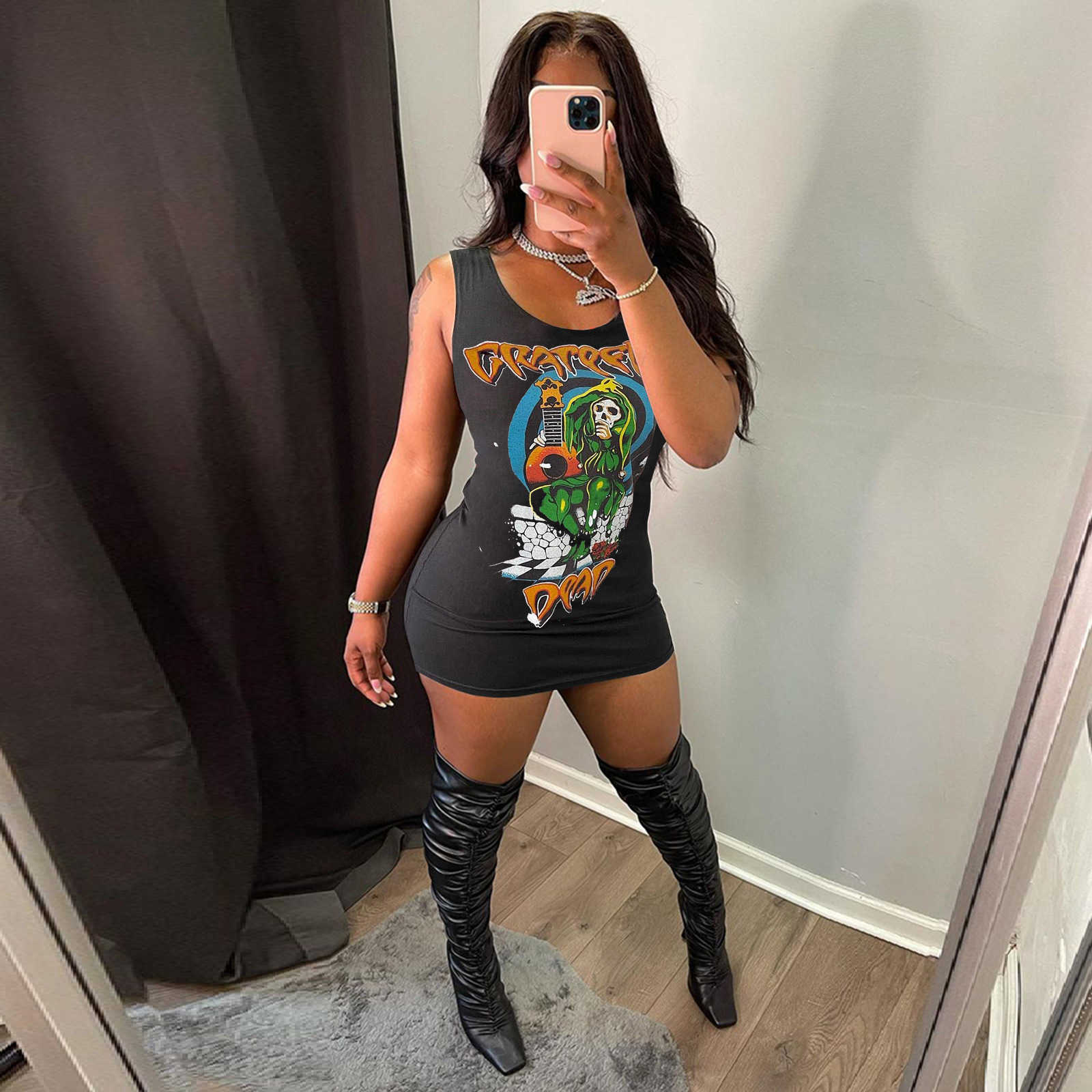 2022 summer women new fashion printing casual dresses for sexy vest black dress