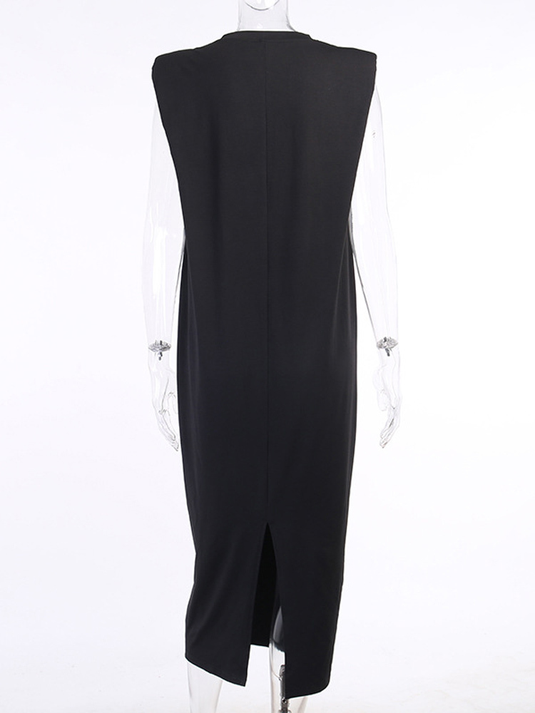 Viifaa Sleeveless Shoulder Pad Casual Black Elegant Long Dress Streetwear Women Loose Robe Split Back Summer Midi Dresses 220426