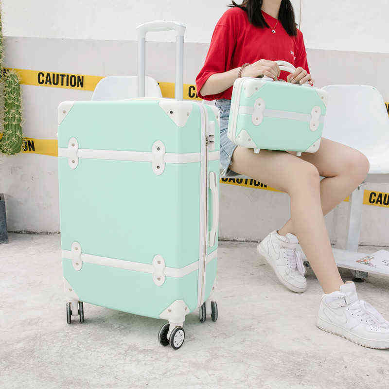 Luggage Inch Women Hard Retro Rolling Set Trolley With Cosmetic Bag Vintage Suitcase For Girls J220707