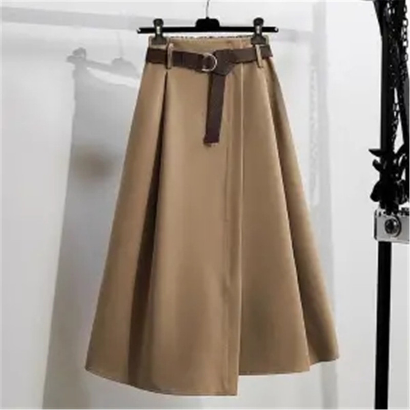  Autumn Women Plaid Irregular Wool Midi Skirts Pleated Sashes England Style Vintage Warm A-Line Long Skirt Faldas Mujer Moda 220317