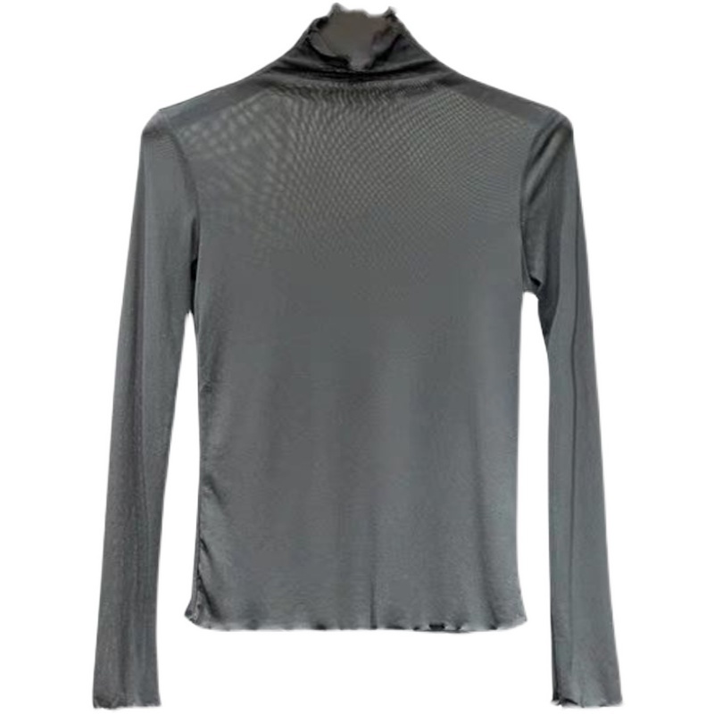 Mesh See Through Women T-Shirts Summer Turtleneck Solid Slim Elastic Long-Sleeved Female Buttoming Pulls Tops Tees 220516
