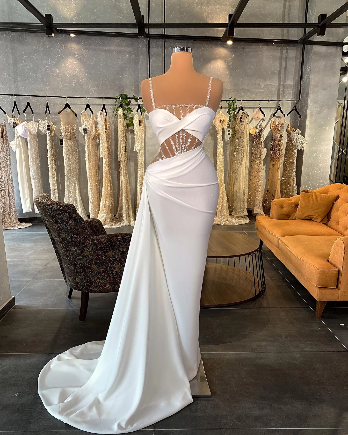Mermaid Prom : Sexy White Satin Gown, Spaghetti Strap, Beaded Illusion, Sweep Train, Formal Evening Dress