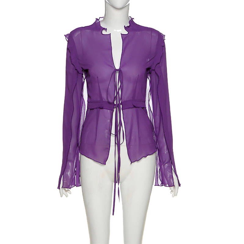 ArtSu Sexy Deep V neck Women Mesh See Through Long Sleeve T Shirts Lace Up Beach Club Tops Fashion Ruffles Tee Mujer TS52303 220728