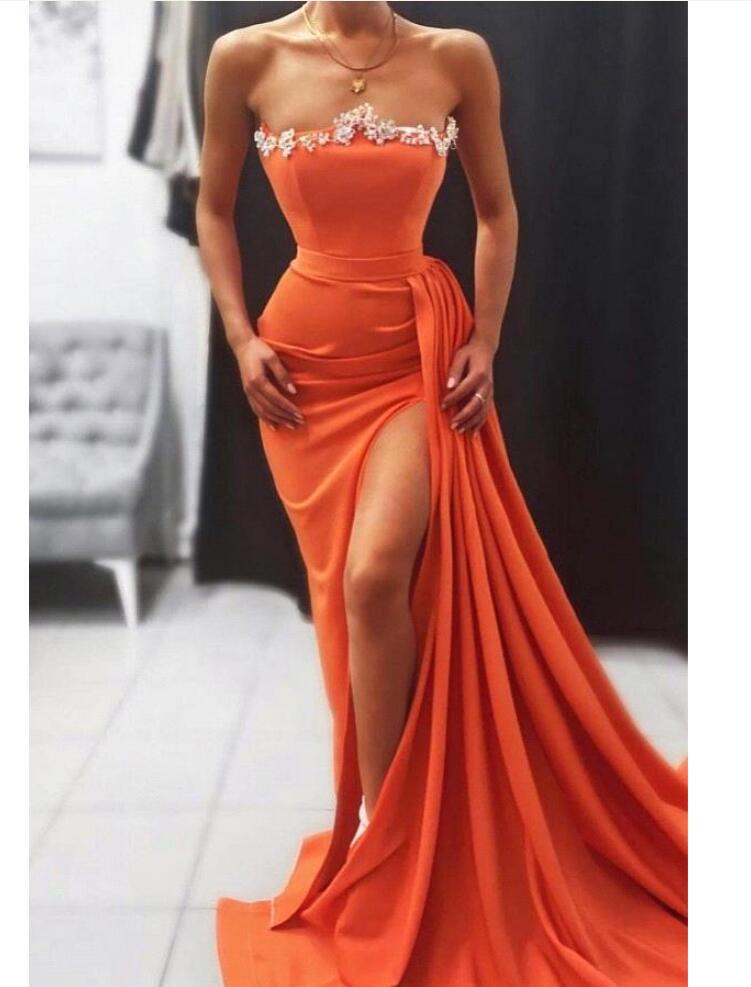 2022 Coral Sexy Mermaid Evening Dresses Ruffles Beaded Split Side High Sweep Train Prom Gowns Robe De Soiree Formal Party Dress BC12708