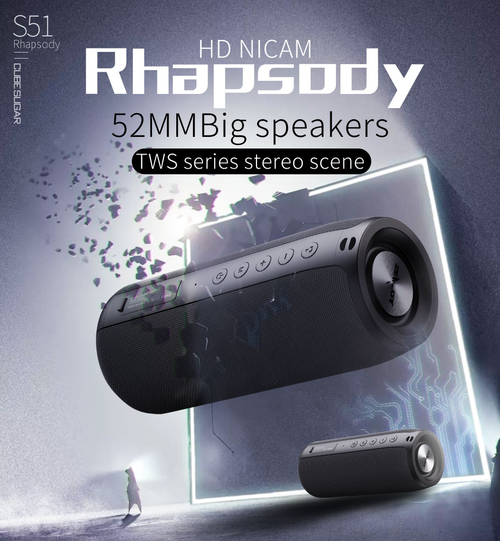 S51 Portable Speaker Bluetooth Wireless Speaker with Deep Bass and Loud Sound TWS Fabric Subwoofer Builtin Microphone for Home Ou