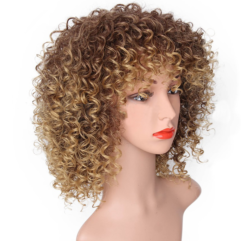 Fashion Afro Curly Blond Color Short Wave Wig for Women High Temperature Fiber wave wig Wine red /Blond black