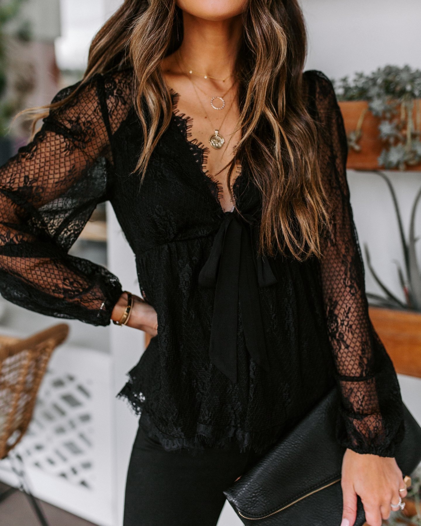 Women' Blouses Plunging Neck Belted Sheer stitching lace bow tie long-sleeve top, Black
Women' Blouses Plunging Neck Belted Sheer stitching lace bow tie long-sleeve top, Black