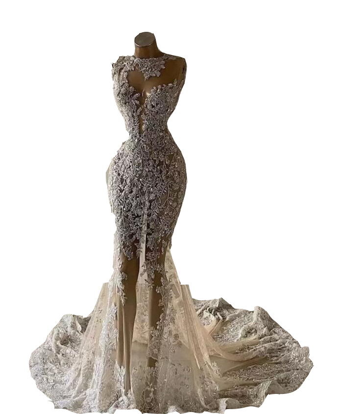 Transparent Sexy Mermaid Wedding Dresses Champagne Jewel Neck Illusion Sheer Lace Appliques Crystal Beading Court Train Formal Bridal Dress Plus Size