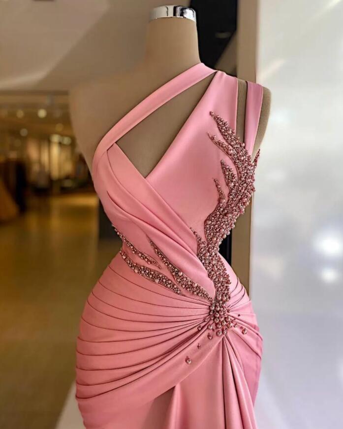 Fashion Blush Pink Evening Dresses One Shoulder Beaded Sleeveless Prom Dresses Mermaid Pleats Floor Length Celebrity Women Formal Party Pageant Gowns