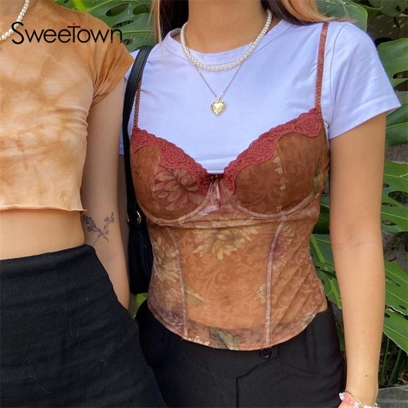 Sweetown 2000s Aesthetic Cute Mesh Crop Top Women Floral Lace Trim Girl Kawaii Clothes See Through Sexy Tanks Camis Summer 220407, As picture
Sweetown 2000s Aesthetic Cute Mesh Crop Top Women Floral Lace Trim Girl Kawaii Clothes See Through Sexy Tanks Camis Summer 220407, As picture