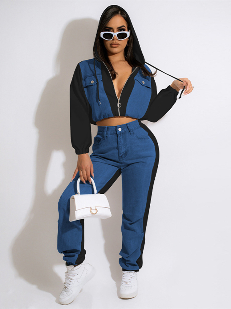 Women Tracksuit Two Piece Sets Long Sleeve Hooded Short Tops Denim Stitching Trousers Suits Autumn Streetwear Lady Ouftits 220817