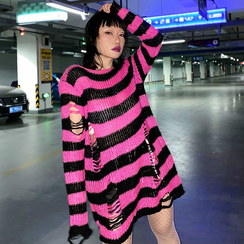 Gothic Punk Hole Stripe Tshirt Women Pastel Goth Fairy Grunge Harajuku Top Oversized Dark Aesthetic Plus Size Emo alt Clothes 220321