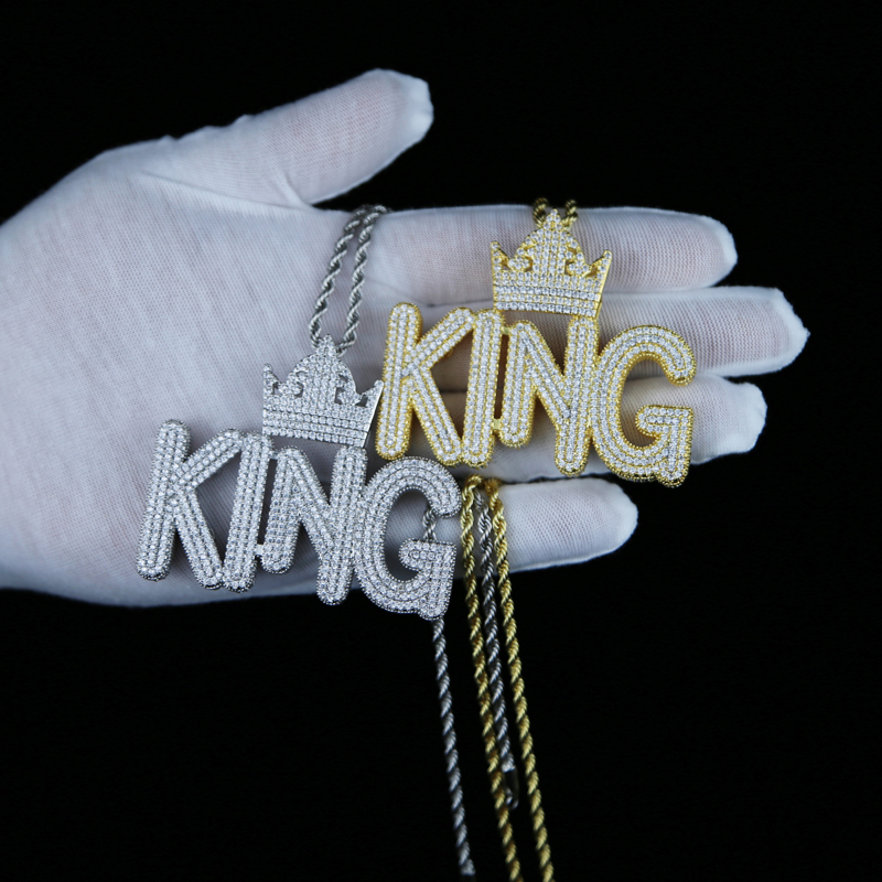 Men's Iced Out Bg Hip Hop Crown Shape King Letters Pendant Necklace with Rope Chain