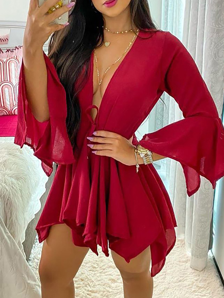 Fashion Women Sexy Casual Twopiece Set Suit Sets Solid Deep V Long Sleeeve Tied Top & Shorts Set 220611