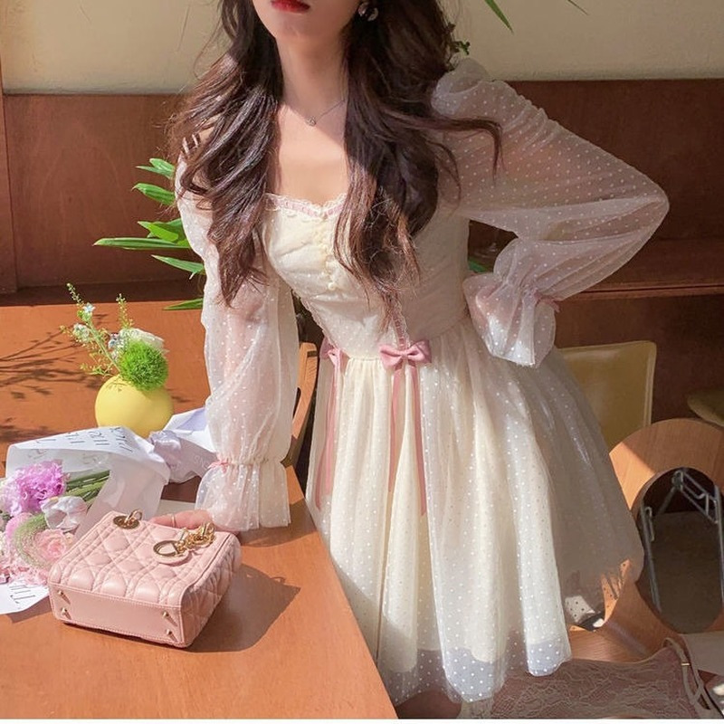 Autumn Elegant Princess Dress Women Sweet Dot Party Long Sleeve Fairy Dress Female Casual Vintage Korean Kawaii Mini Dress 220510
