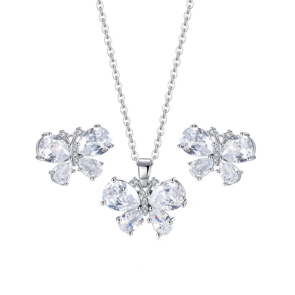 Crystal Butterfly Pendant Earrings & Necklace Titanium Steel Gold Plated Clavicle Chain for women Gift