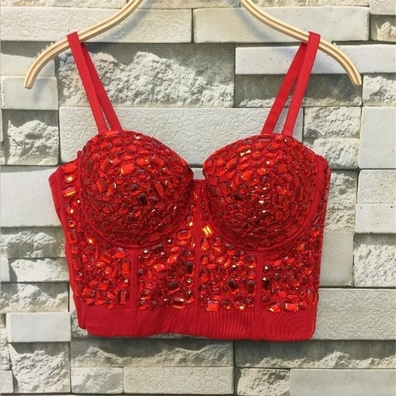 Unique red Gaga Bustier Pearls Diamond Push Up Night Club Bralette Women's Bra Top Vest Plus Size w1172 220325