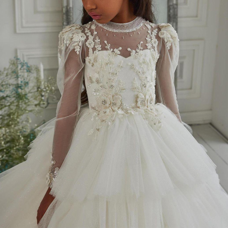 White Flower Girls' Dresses Birthday Party Gown Lace Ruffles Appliques Sequins Tulle Lace Rufflls Long Sleeves High Neck Appliqued Floor Length C