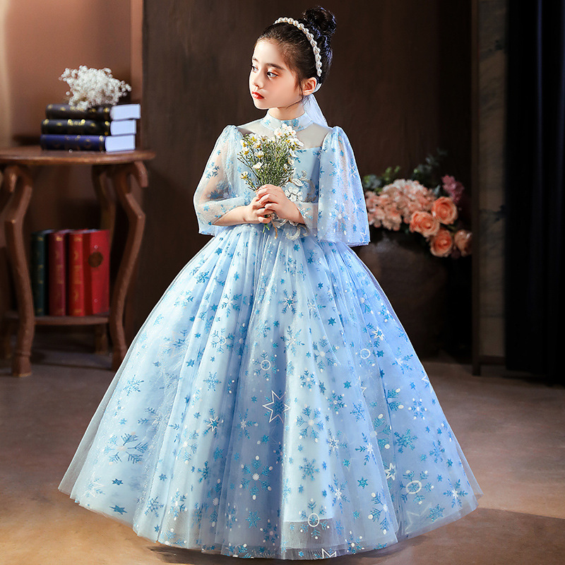 Vintage Lace Ball Gowns Pageant Dresses Off Shoulder 3/4 Long Sleeves Kids Flower Girl Dress Ruffle Sweep Train Sequined Prom Dreses 403