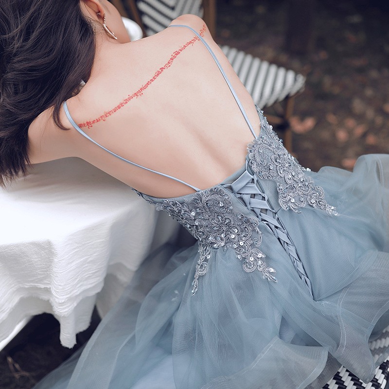 Dusty Blue Sexy Long Evening Dress 2022 With Lace Spaghetti Straps A Line Tulle Ruffles Backless Ceremony Prom Dresses Formal Party Gowns Vestidos De 