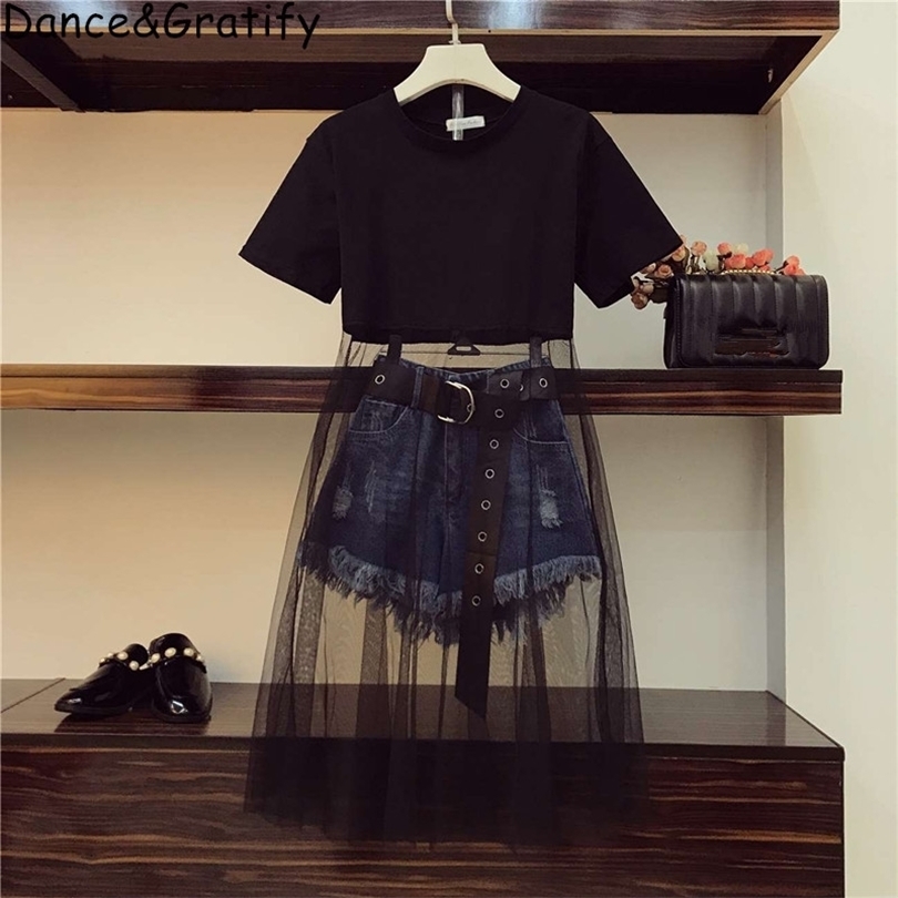 New Summer Women 2 Pieces Jeans Set Girls Mesh Cotton Patchwork Dress And Denim Shorts Chic Pants Suit Faux Leather Belt T200325