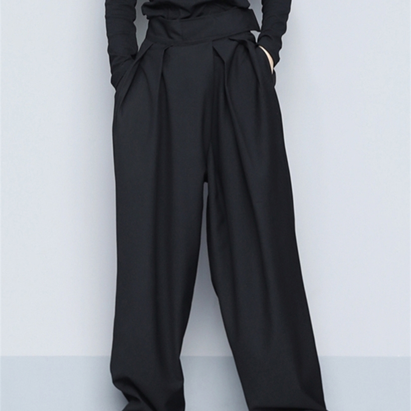 [EAM] High Waist Black Brief Pleated Long Wide Leg Trousers Loose Fit Pant Fashion Spring Autumn 1S399 220325
