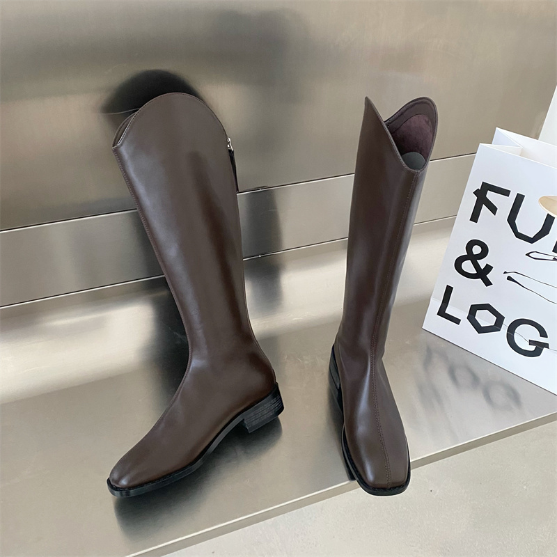 Women's Boots Spring And Autumn Korean Coffee Western Cowboy Boots With Square Head Below The Knee Boots With Thick Heels