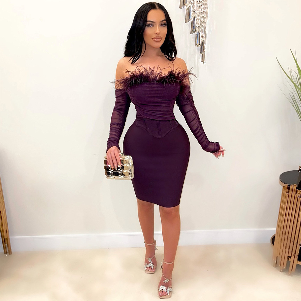 Ostrich Feather Purple Evening Dress 2022 Sexy Strapless Black Girls Prom Dresses With Sleeves Knee Length Sheath Cocktail Party African Women vestido