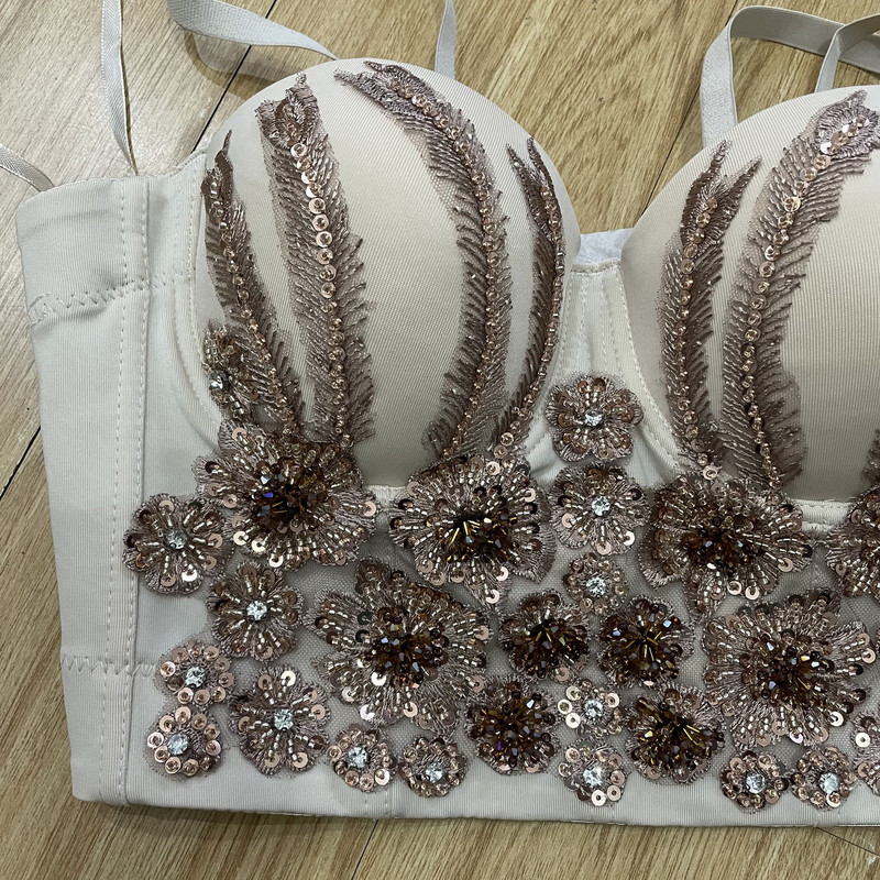 French Retro Camisole Women Beading Sequins Backless Crop Top Underwear Push Up Bustier Bra Nightclub Party Tank Tops 220325