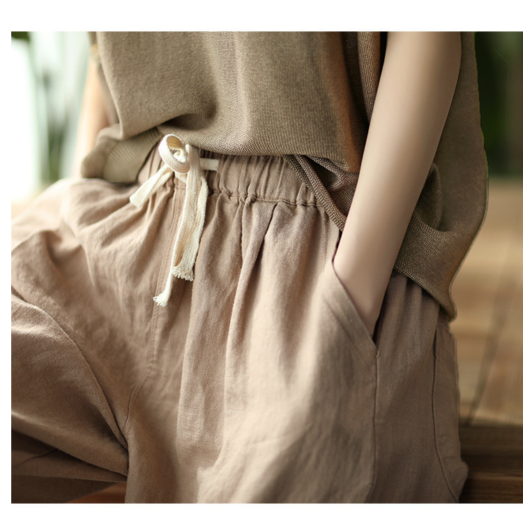 Autumn Cotton Linen Pants Women Loose Classic White Mid Waisted for Solid Calf-length Pink Pencil Trousers 220325