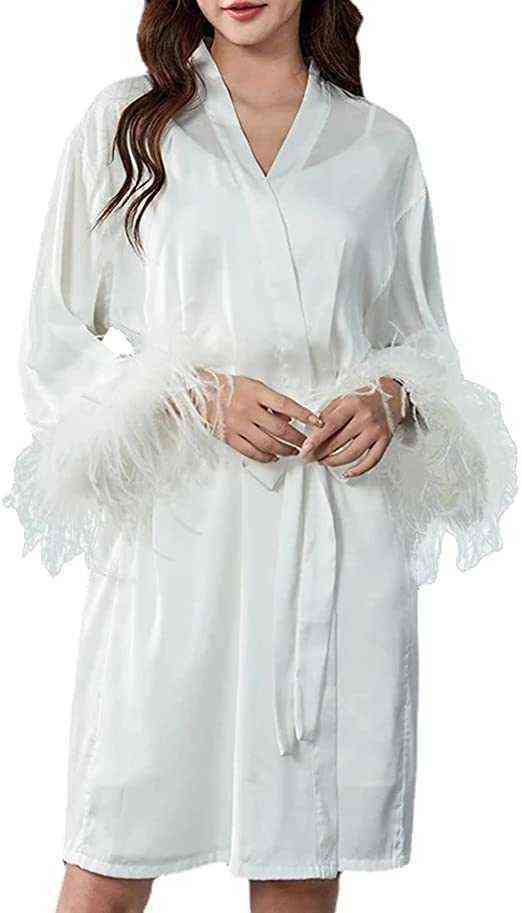 Nxy Sexy Underwear 3xl Vrouwen Struisvogel Haar Mouw Satijnen Kimono Bruid Gewaad Nachtkleding Roze Gewaden Pyjama Badjas Nachtjapon Bruids Kamerjas 0